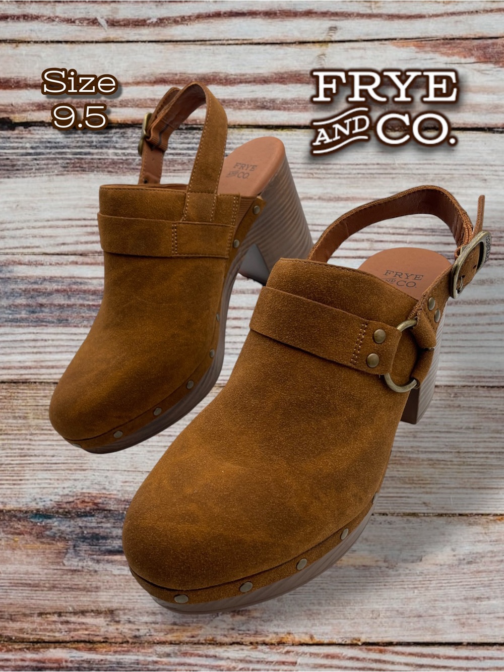 FRYE AND CO. Iselle Cognac Suede Slingback Clogs Platform Mules Size 9.5